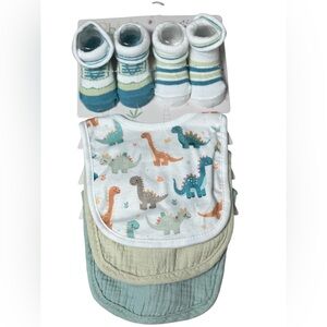 NWT Baby Boy Green & Blue Dinosaur Print 3 Pk. Bibs and 2 Pair of Socks Set